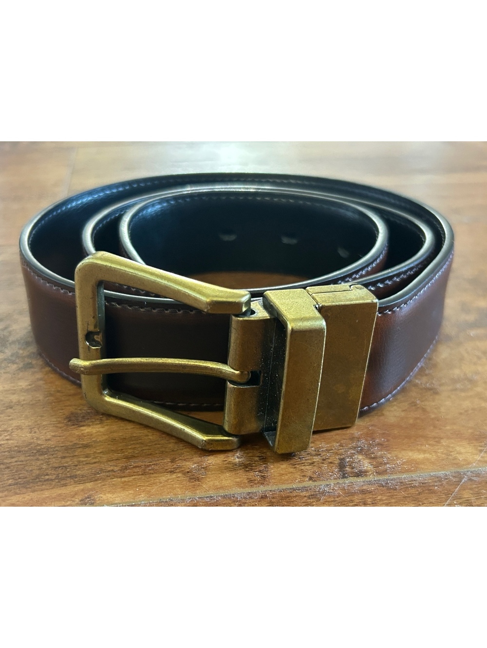 Reversible Leather Belt with Gold and Silver Buckle - Size US 32-34